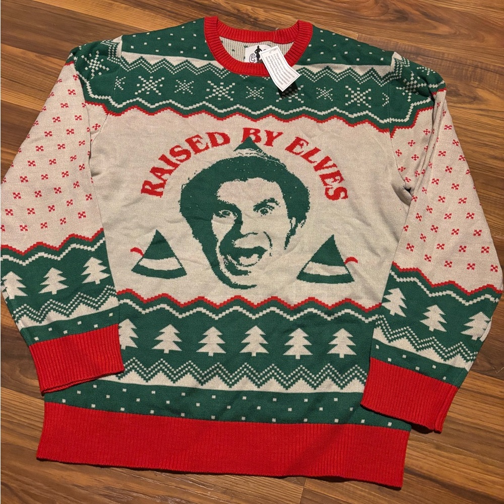 ELF 'Raised by Elves' Crewneck Sweater - Red, Green, Cream
